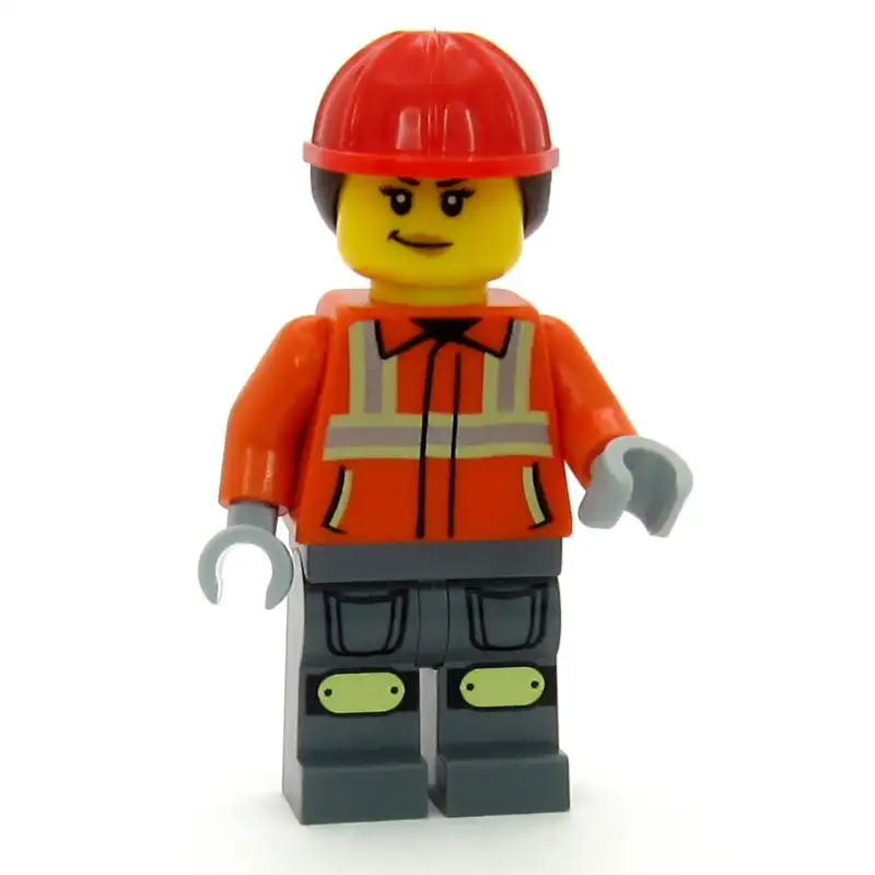 Construction Worker, Reddish Orange Jacket, Dark Bluish Gray Legs, Red Hard Hat with Ponytail