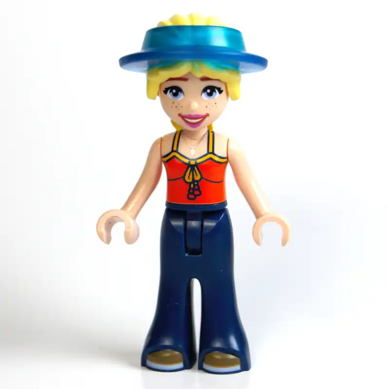 Astrid, Reddish Orange Top, Dark Blue Pants, Visor